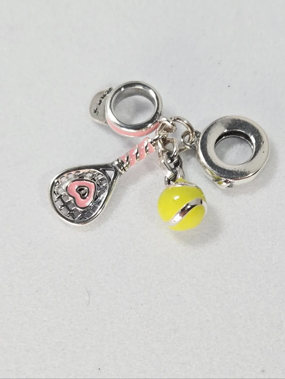 Tennis Girl Era Charm Pendant Silver Racket Ball Visor Pink Yellow Enamel Sporty